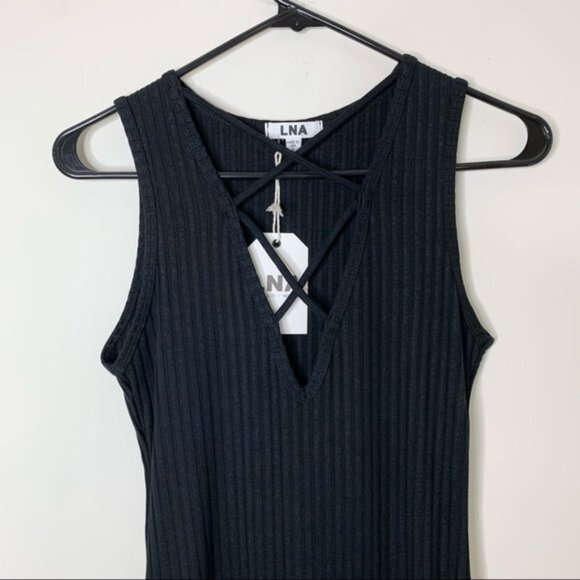 LNA Revolve Lace Up V Mini Dress Black Ribbed knit Sleeveless Size XS - Picture 3 of 8